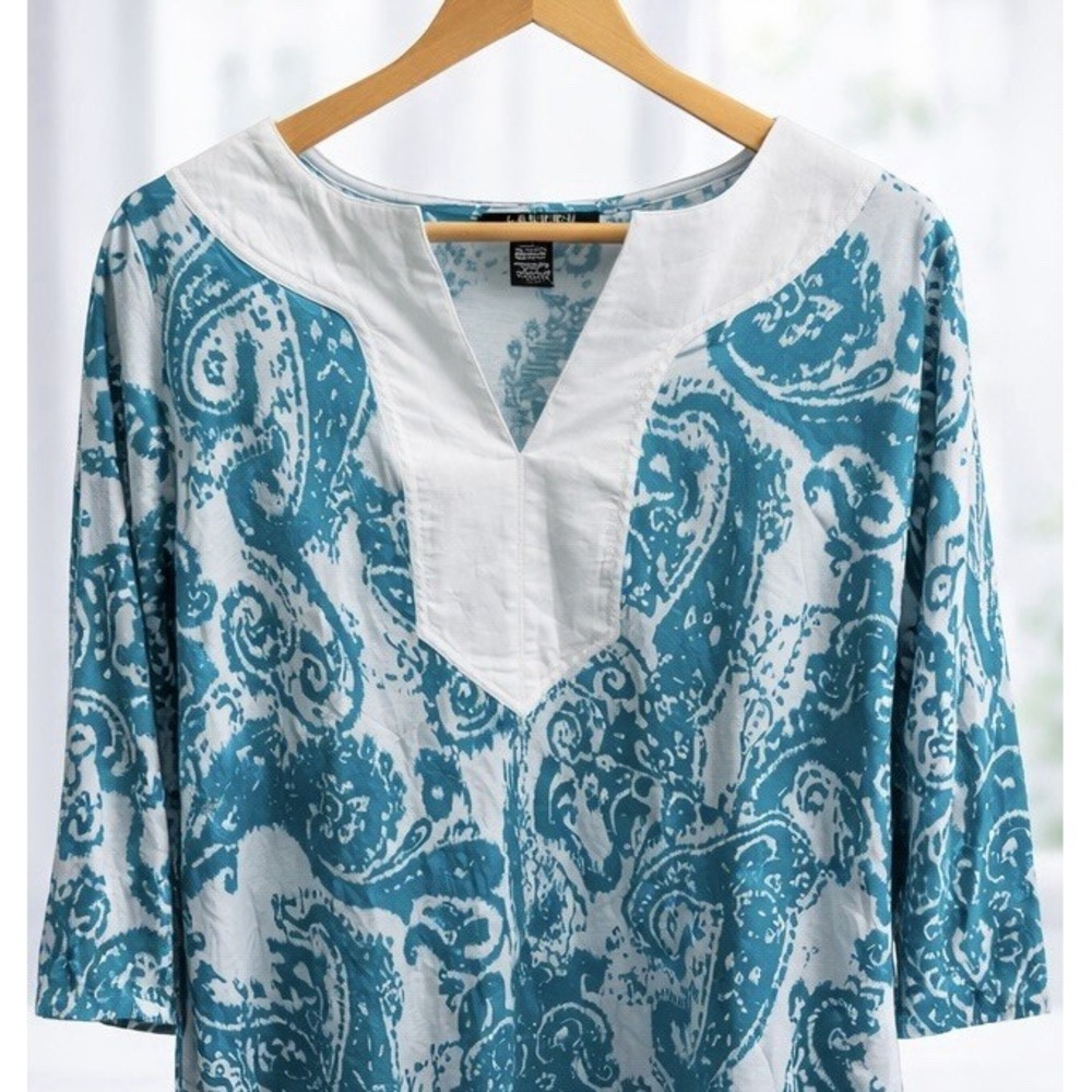 LRL Lauren Ralph Lauren Popover Tunic Top Teal White Paisley 100% Cotton Size 1X - Picture 4 of 12